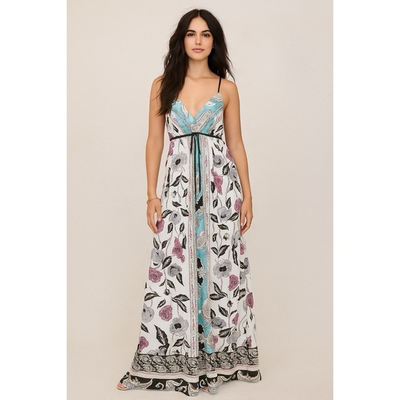EUC Hale Bob 100% Silk Floral Mirror Flower Fauna Print V-Neck Maxi Dress M​​​​